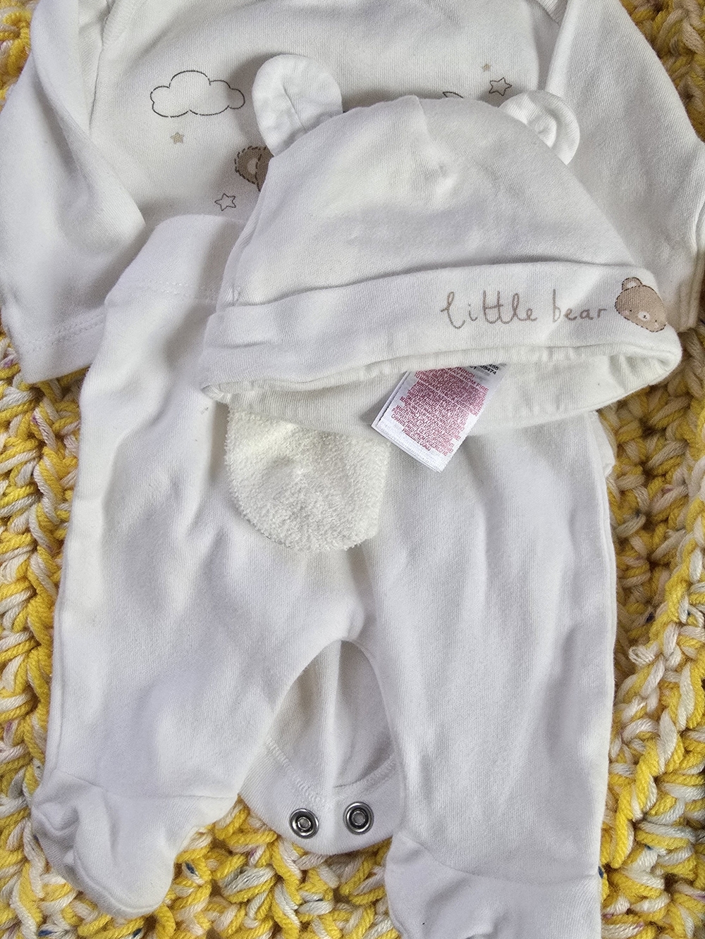Primark White Baby Hat and Footed 3 Piece Set with Bear Detail , Socks